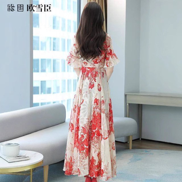 Women's Floral A-Line Midi Dress with V-Neck and Short Sleeves