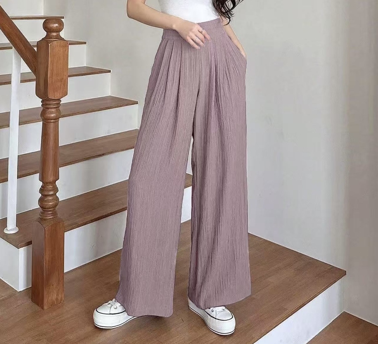 High-Waist Pleated Wide-Leg Ice Silk Pants