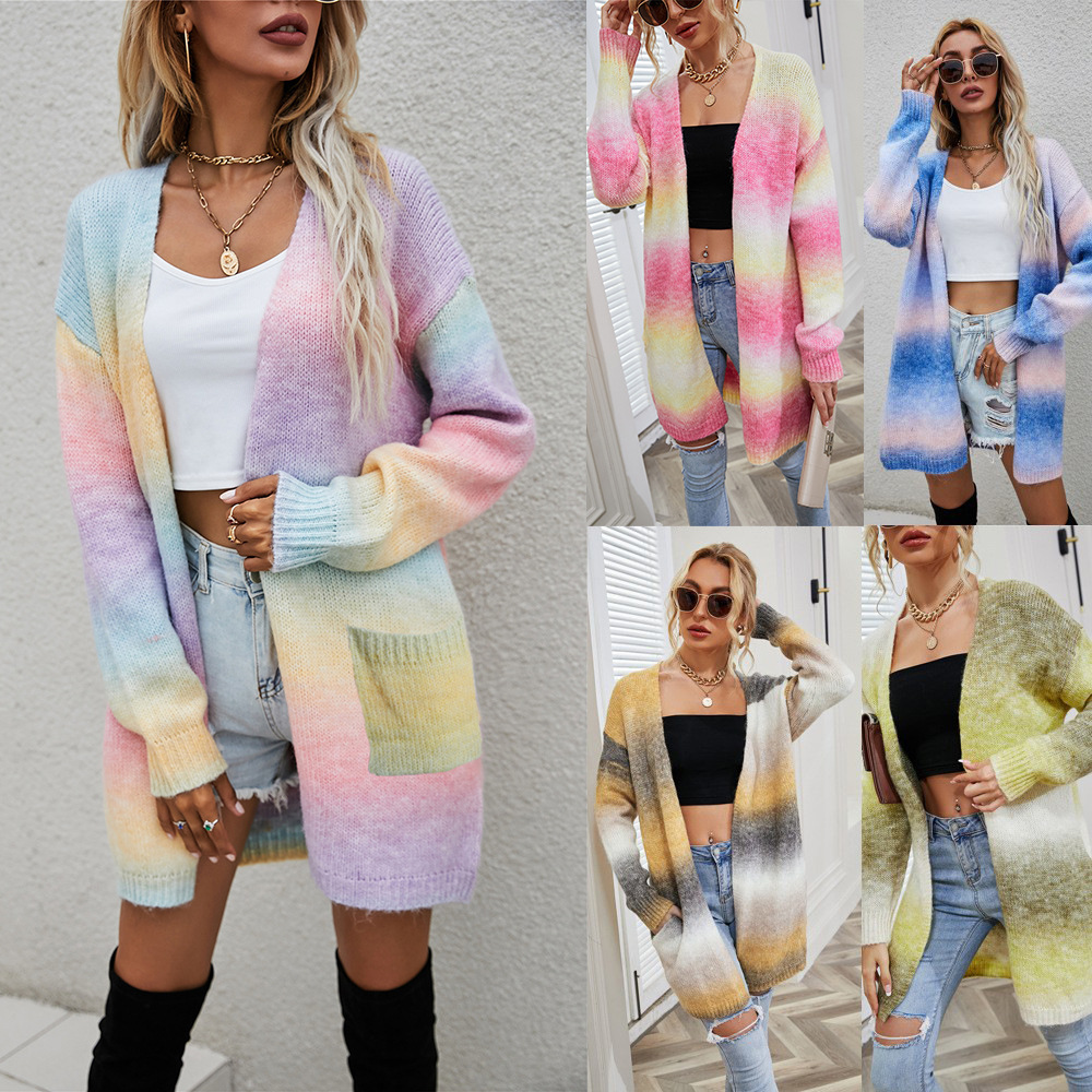 Rainbow Tie-Dye Long Sleeve Open Front Cardigan Sweater Coat Women