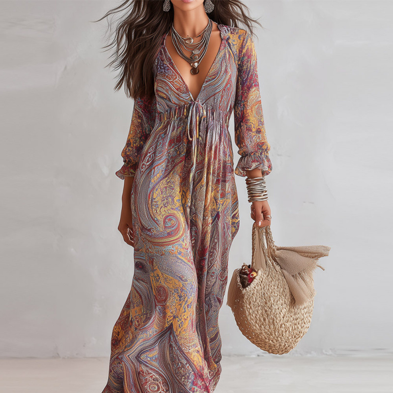 Paisley Print Ruffle Loose Casual Dress