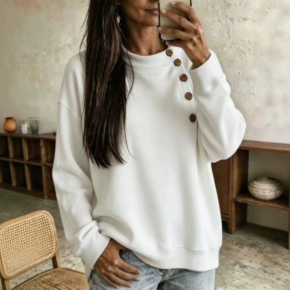 Solid Half-Turtleneck Button-Trim Long-Sleeve Sweatshirt