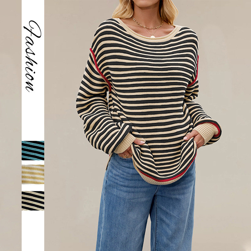 Striped Knit Sweater Crewneck Pullover Loose Long Sleeve
