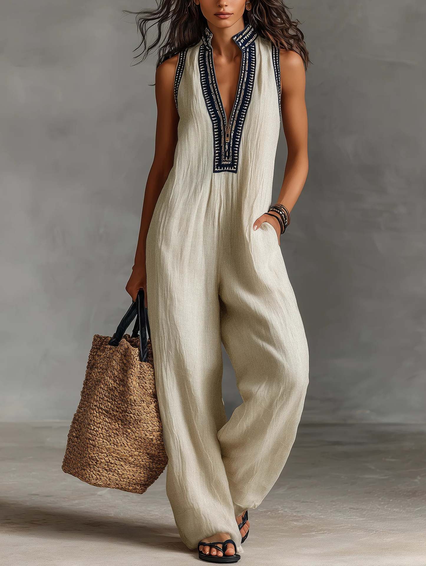 Women's Sleeveless Linen-Blend Jumpsuit with Zip Stand Collar and Embroidery