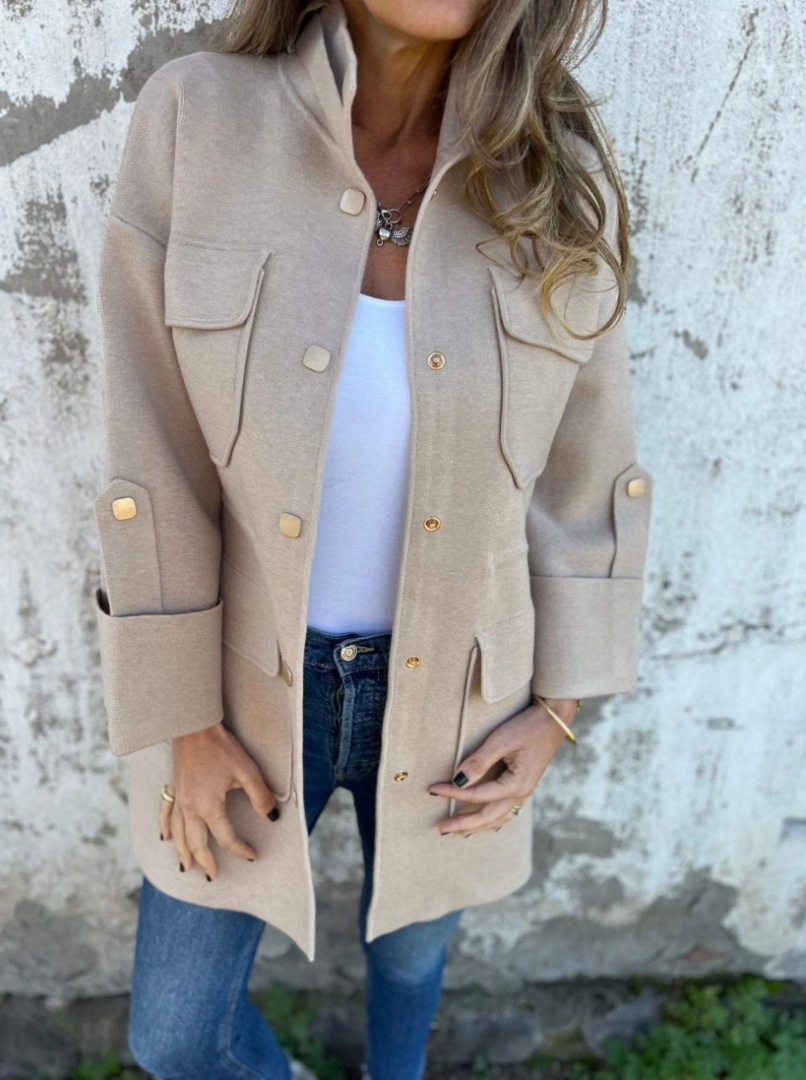 Women's Stand Collar Double-Faced Wool Coat with Pockets