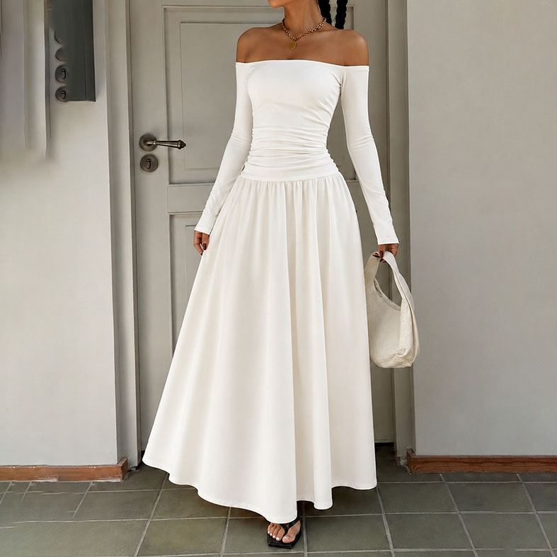 Women's Off-Shoulder Polka Dot Long Sleeve A-Line Dress