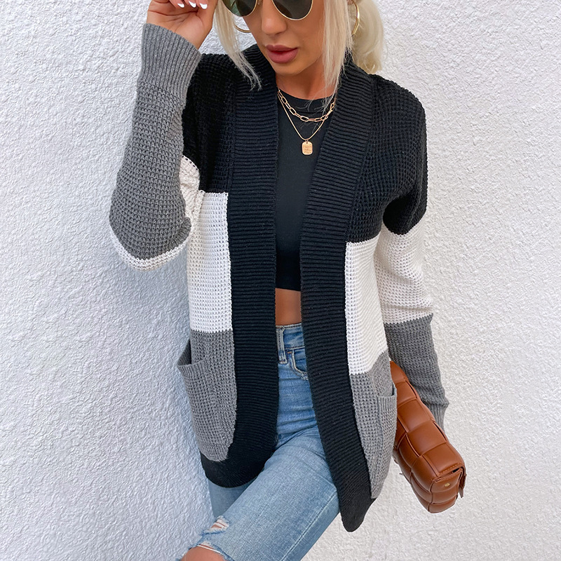 Women's Color-Block Knit Cardigan with Curved Pockets