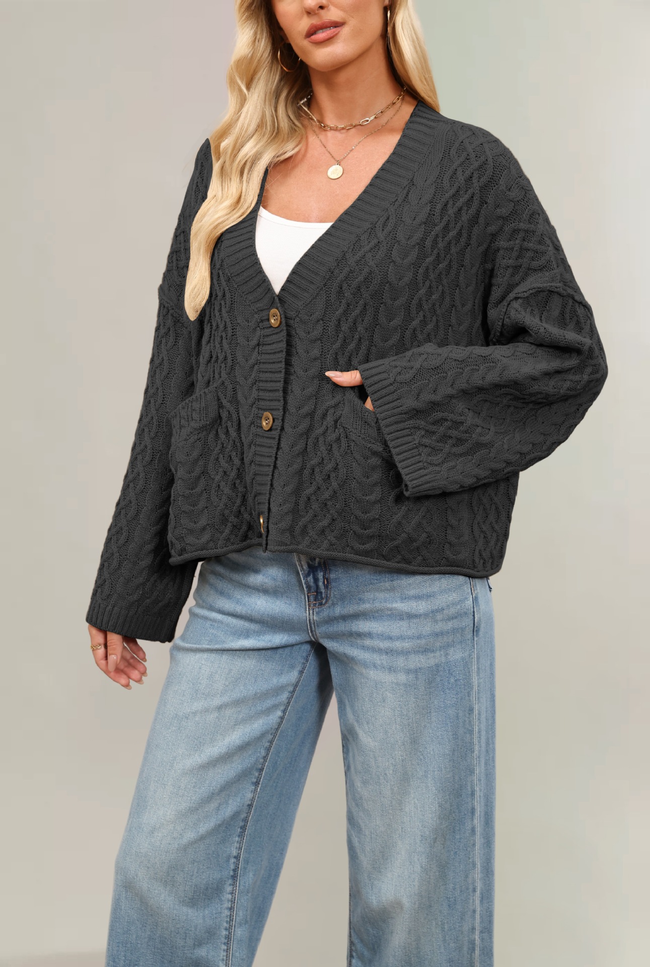 Cable-Knit Loose Solid Cardigan