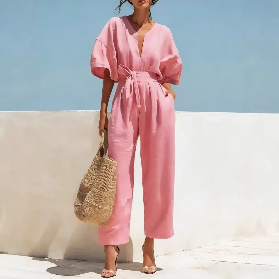 Elegant V-Neck Solid Color Wide-Leg Jumpsuit for Women