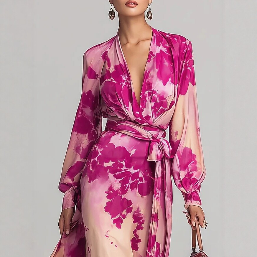 Elegant Floral Print Chiffon Long Sleeve V-Neck Tie-Waist Dress
