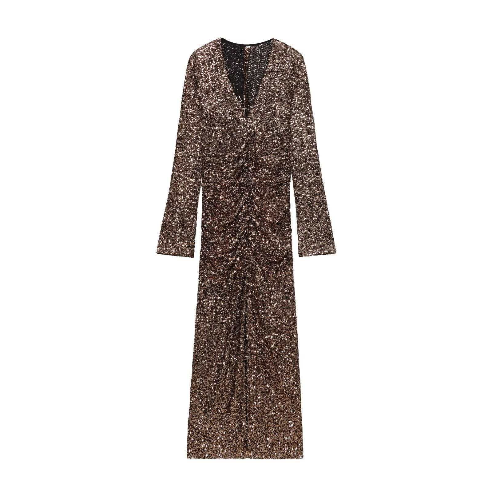 Women's Gold Sequin Deep V-Neck Long Sleeve Bodycon Dress