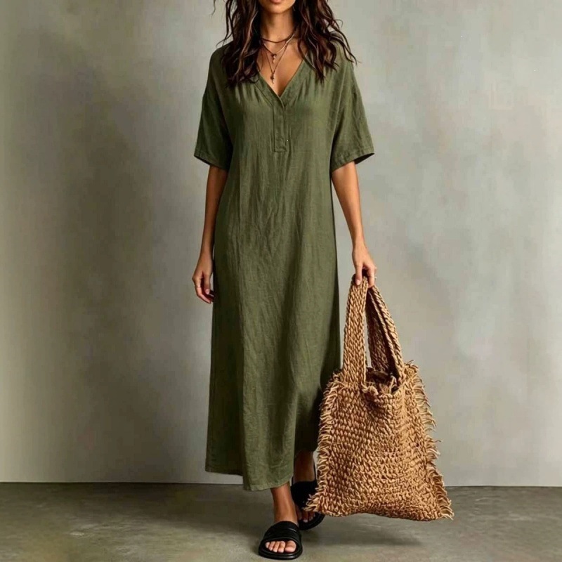 Boho Cotton-Linen Loose A-Line Maxi Dress with V-Neck and Short Sleeves