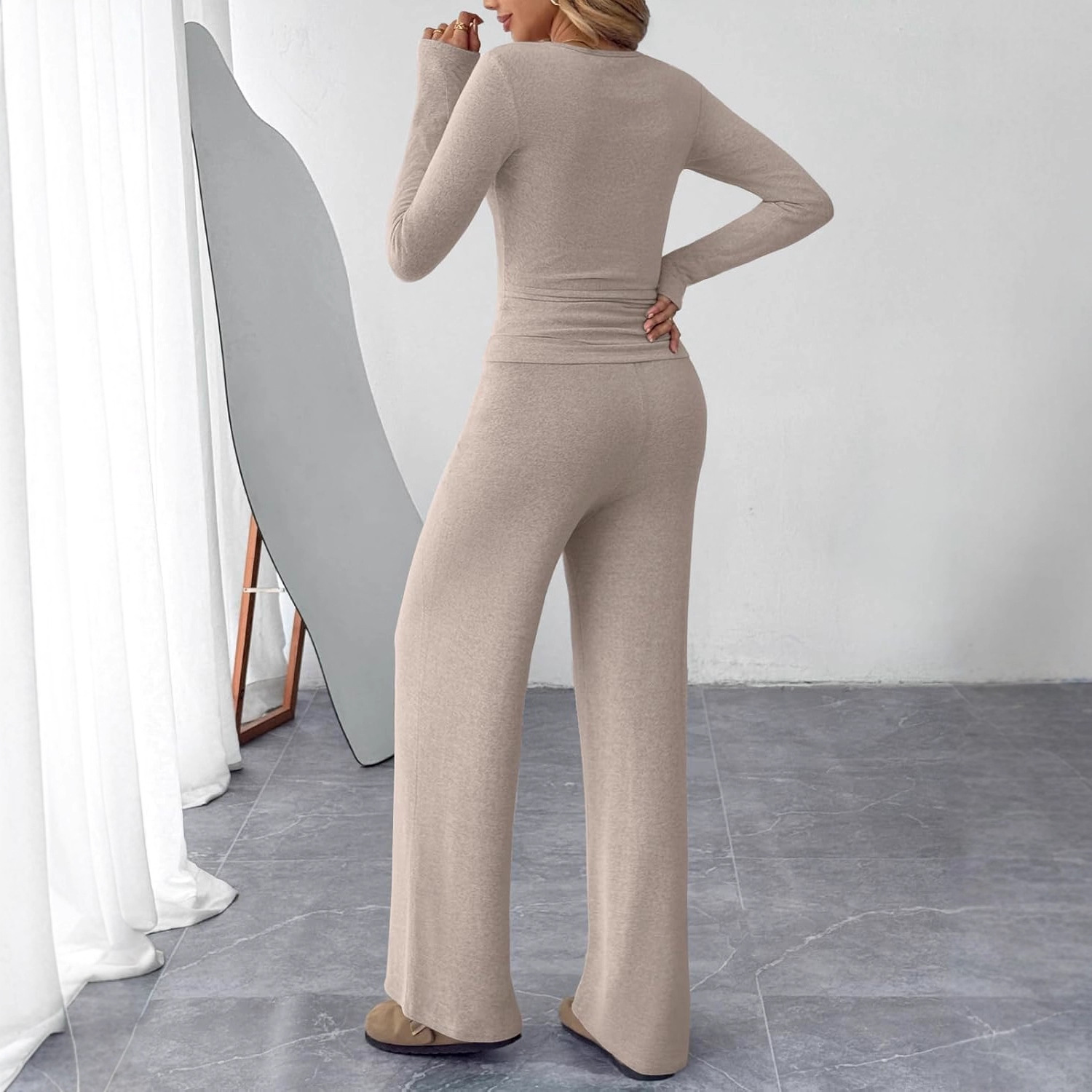Women's Two-Piece Long Sleeve Top and Wide-Leg Pants Set