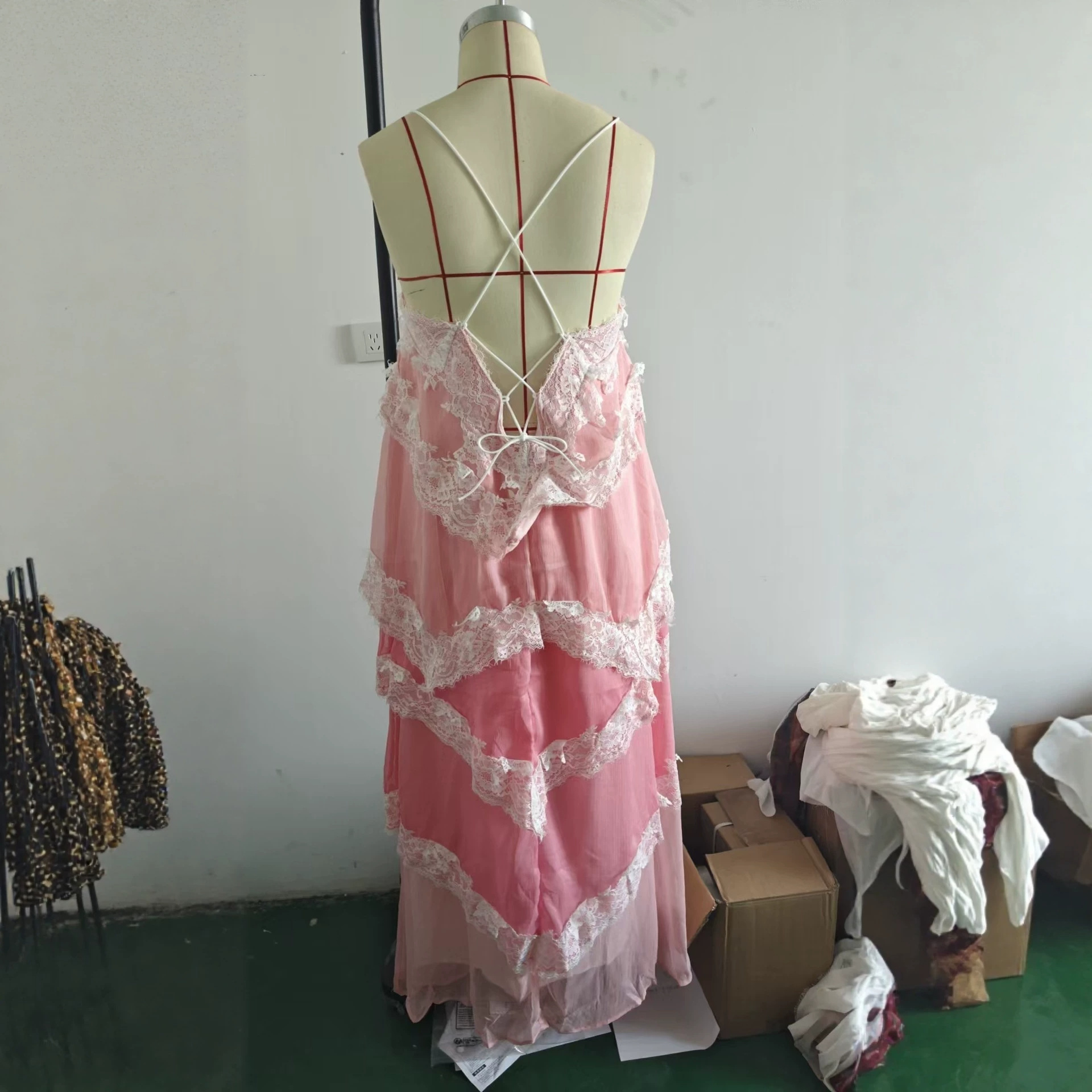 French Vintage Lace Gradient Cami Maxi Dress Tiered Ruffle