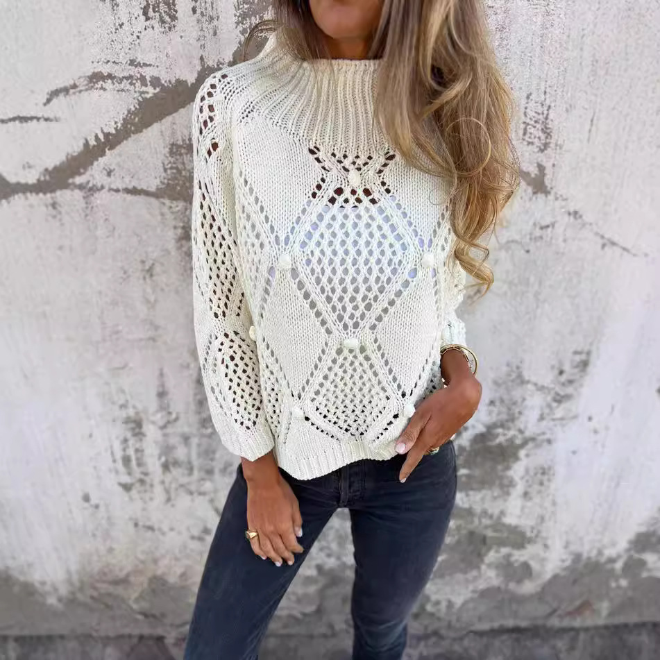 Women's Casual Loose Hollow-Out Crewneck Knit Sweater