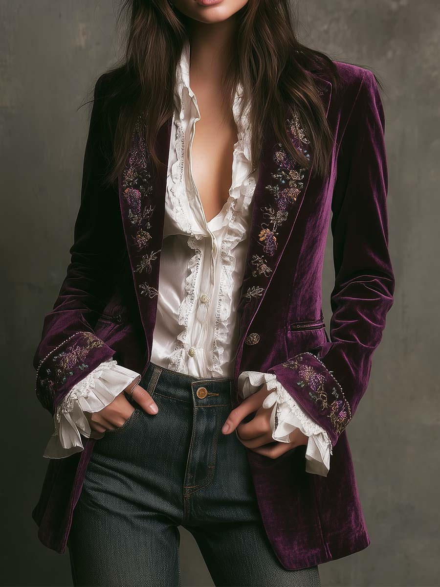 Women's Long Sleeve Solid Color Lace Trim Velvet Jacket