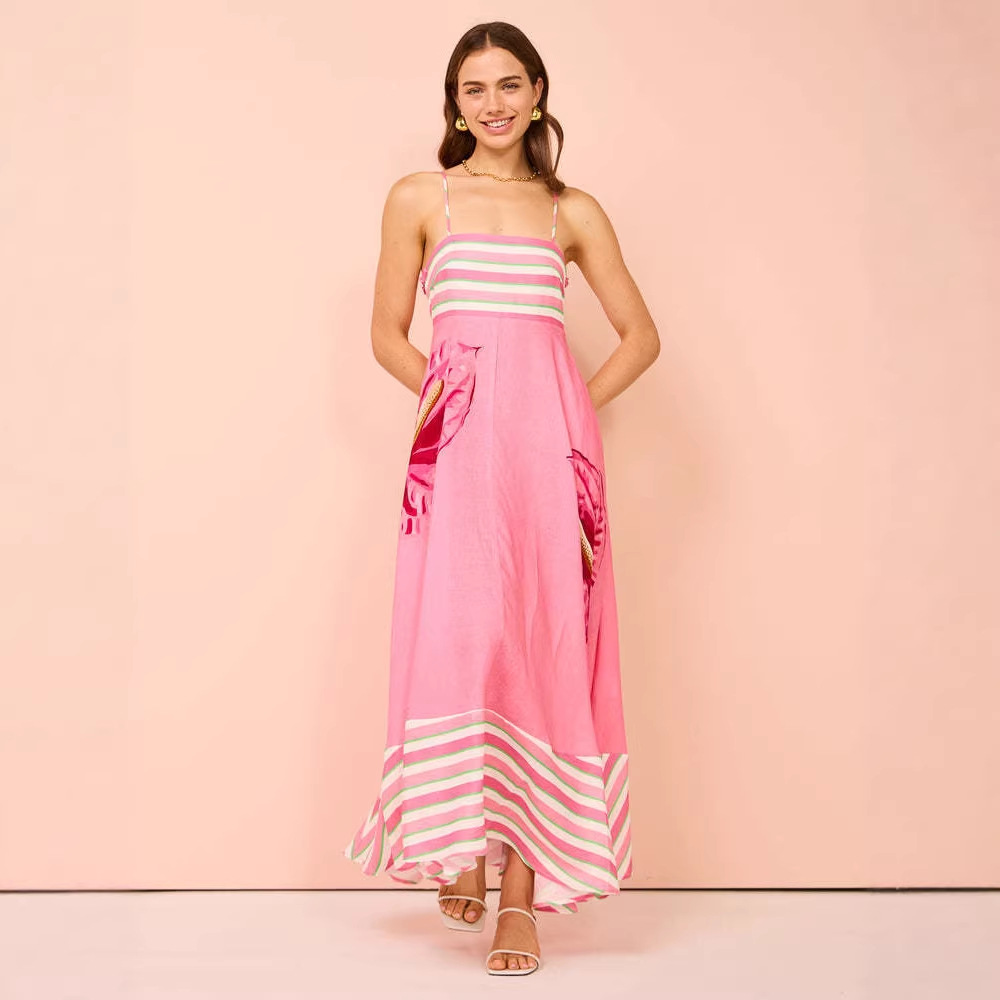 Women's High-Waist Printed Cami Dress with Flared Skirt