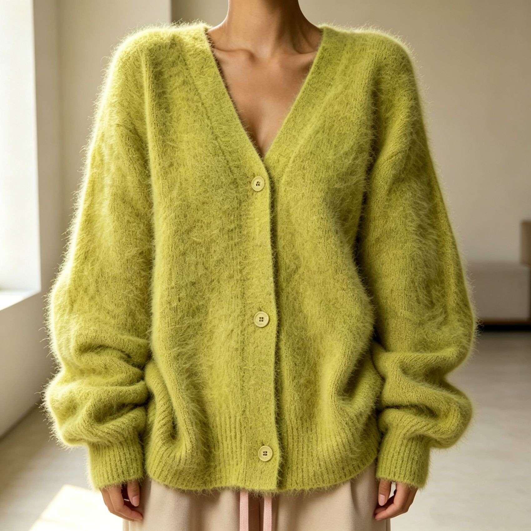 Faux Mink Knit Cardigan Sweater Women's Loose V-Neck Long Sleeve Button Front