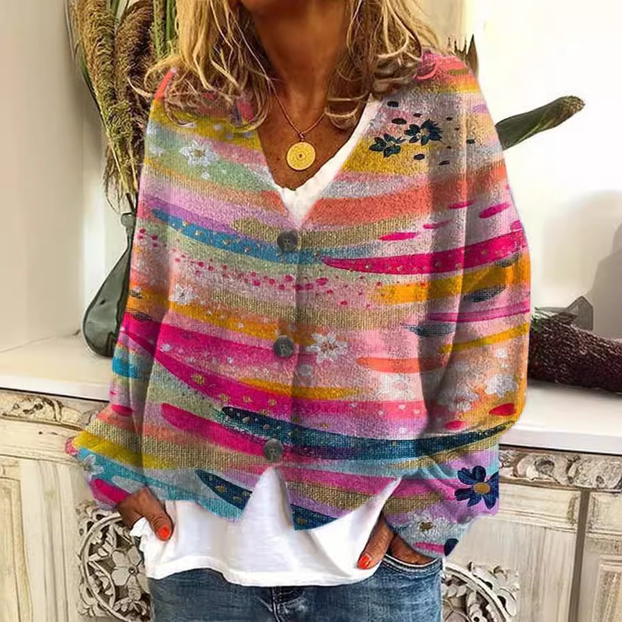3D Print Rainbow Cardigan Soft Knit Casual Sweater
