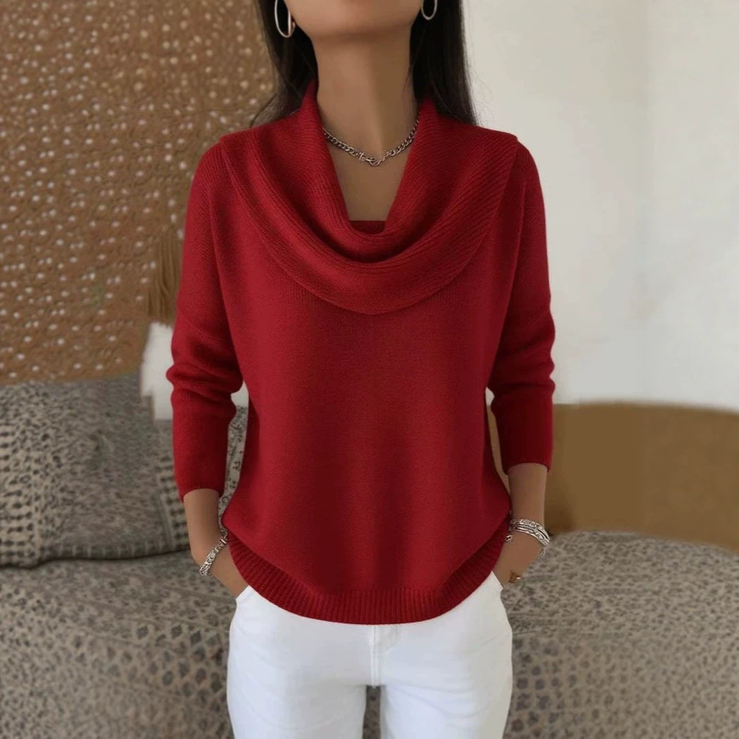 Women's Solid Color Long Sleeve Knit Top with Cowl Neck
