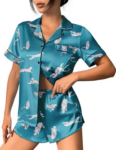 Women's Cuban Collar Leopard Tree Floral Monkey Print Short Sleeve Set
