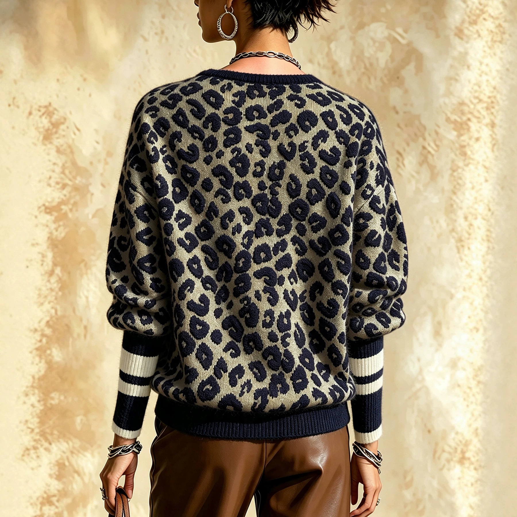 Women's Leopard Jacquard Knit Sweater V-Neck Striped Sleeve Cuffs
