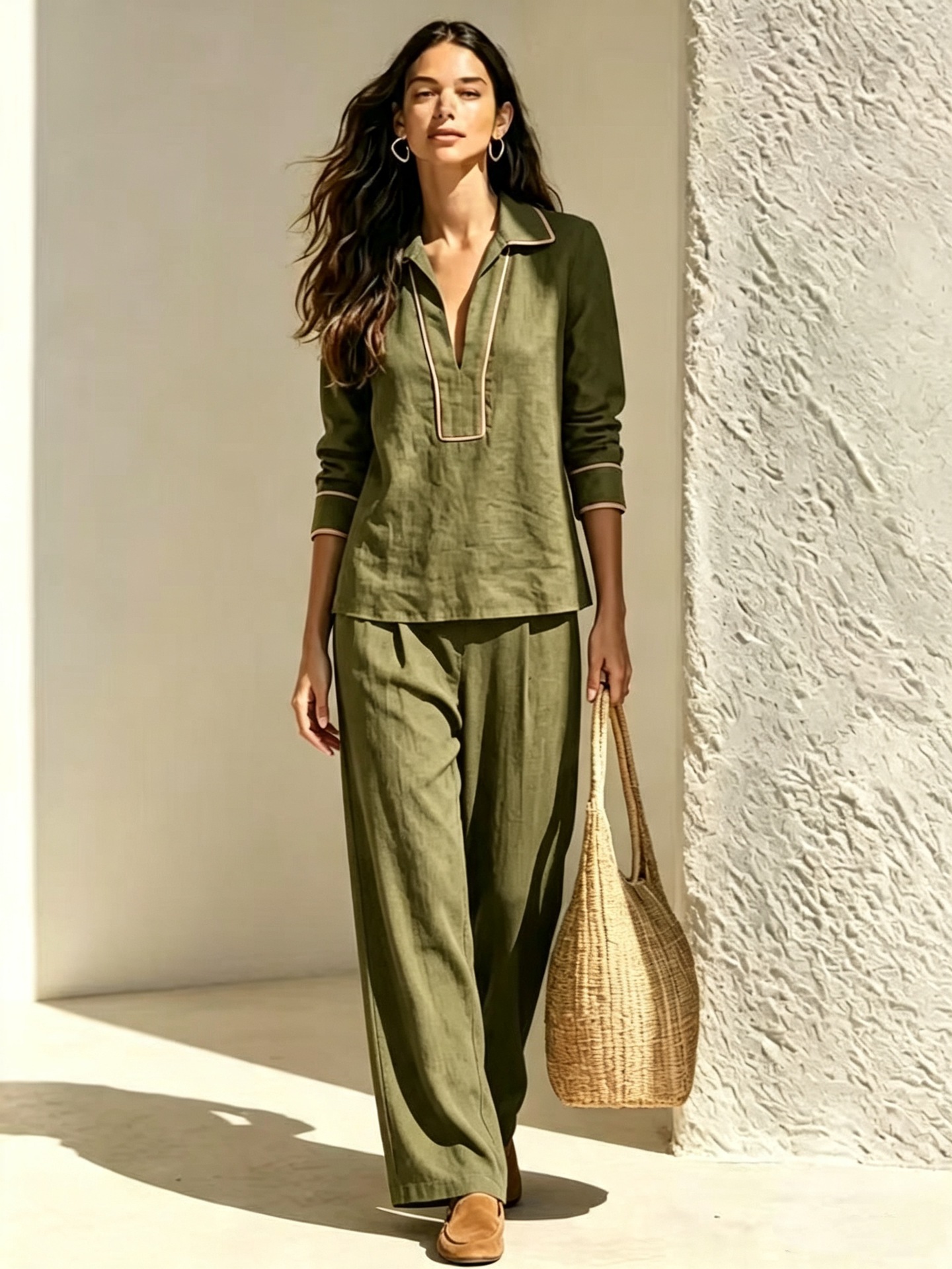 Women's Linen-Blend Pullover Hoodie Two-Piece Set Long Sleeve