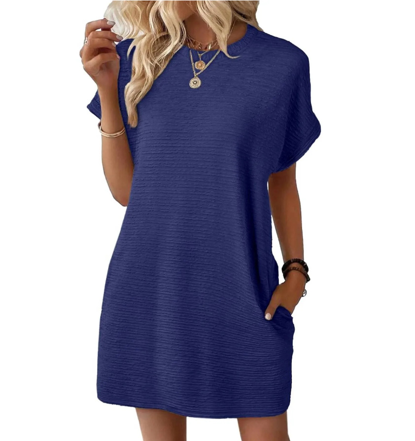 Women's Loose Crewneck Pocket Solid Short Sleeve Dress