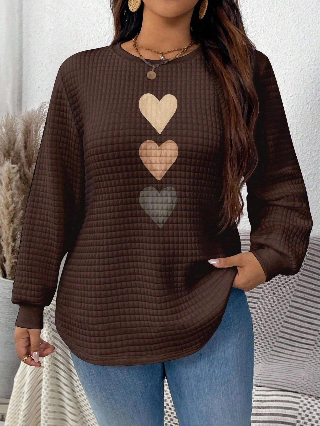 Waffle Knit Heart Print Crewneck Sweatshirt for Women