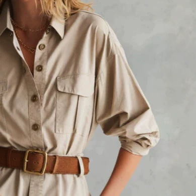 Khaki Multi-Pocket Long-Sleeve Mini Shirt Dress