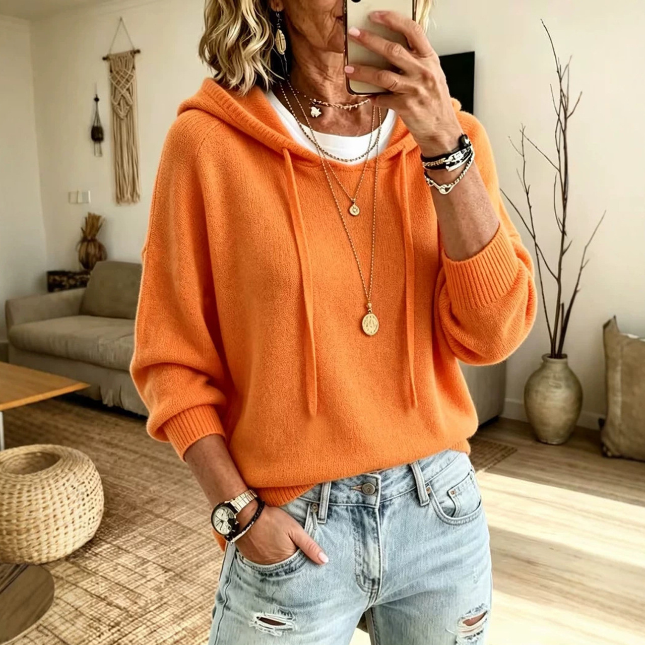 Women's Knit Hooded Drawstring Sweatshirt Loose Fit Pullover