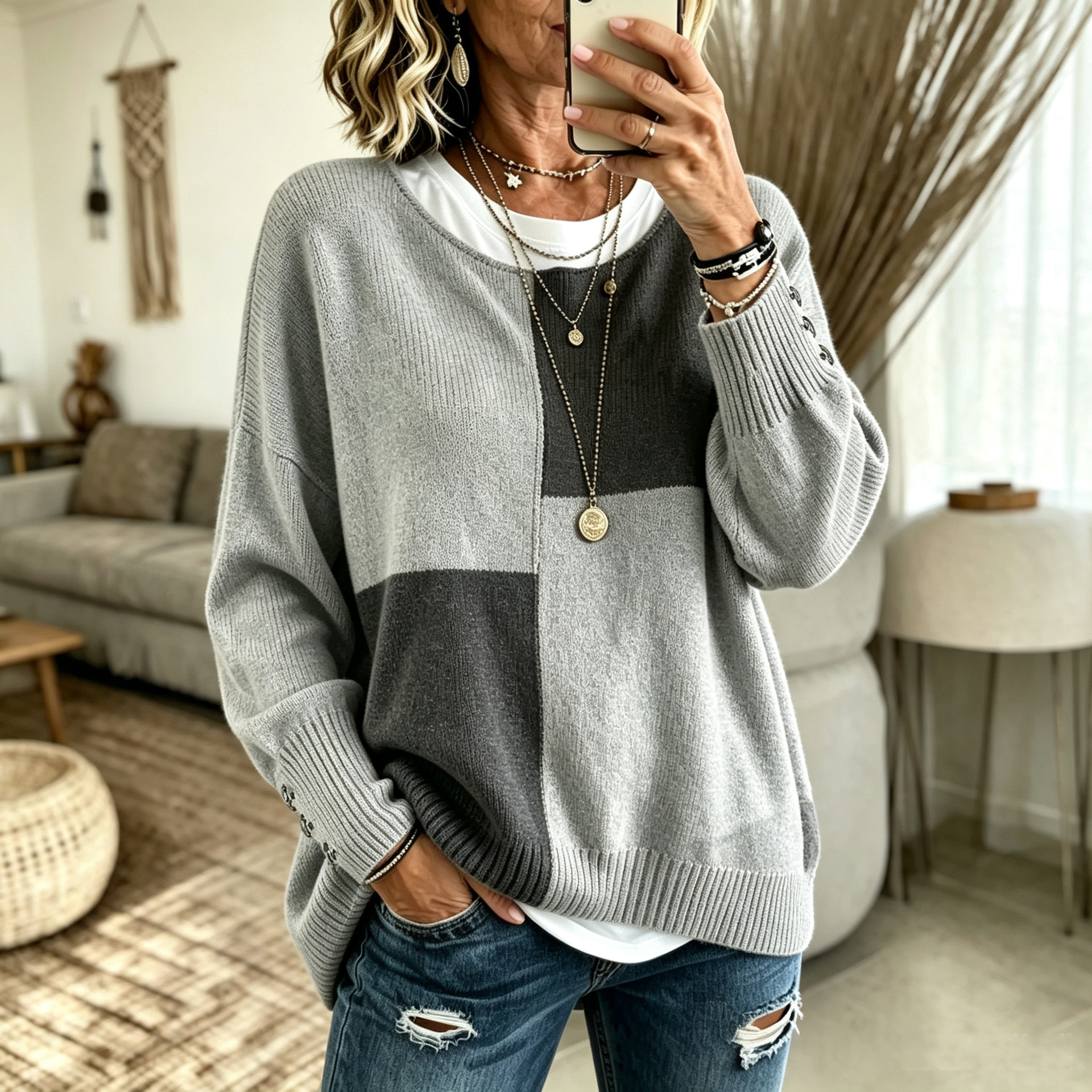 Women's Color-Block Crewneck Knit Sweater Loose Casual Pullover