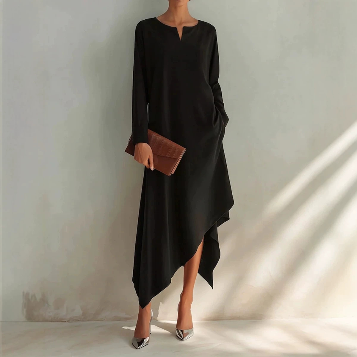 Solid V-Neck Asymmetrical Hem Cotton-Blend Midi Dress
