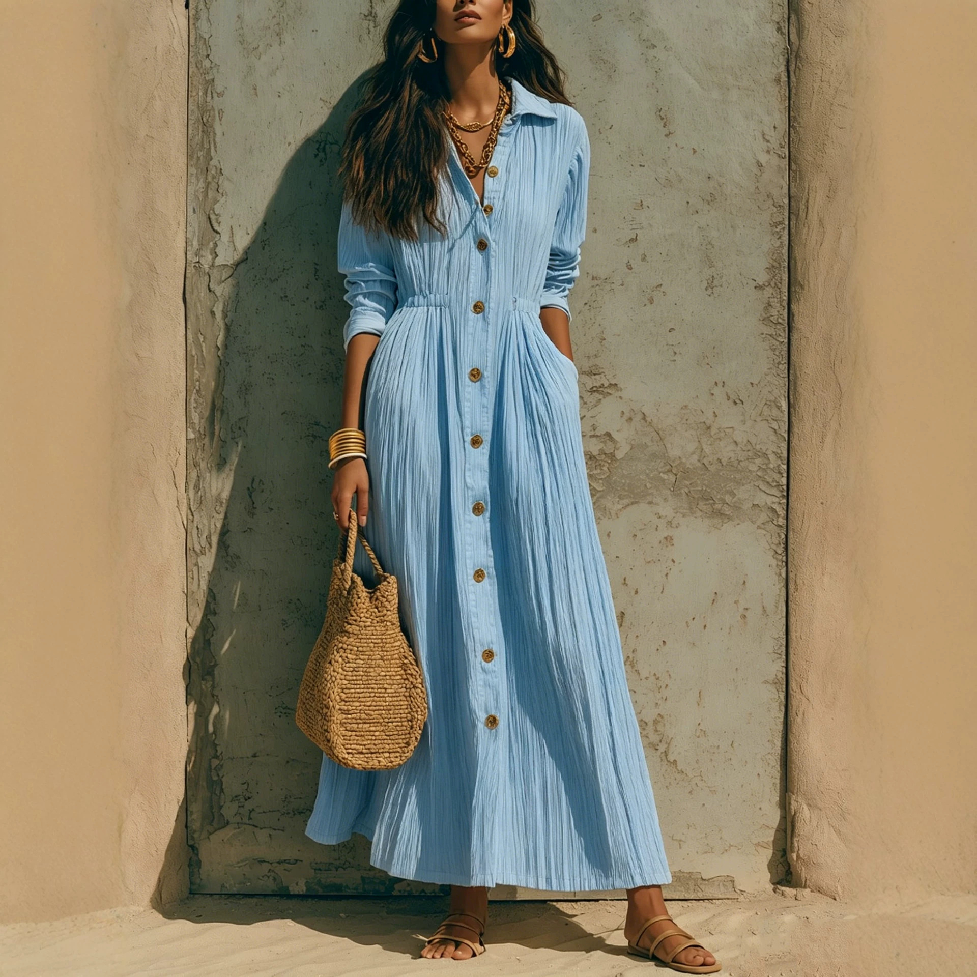 Women's Collared Button-Front Pleated Long Sleeve A-Line Shirt Dress