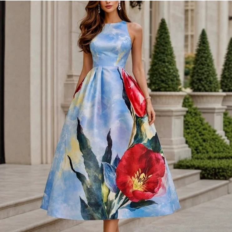 Women's Sleeveless Round Neck Floral Print Long Dress