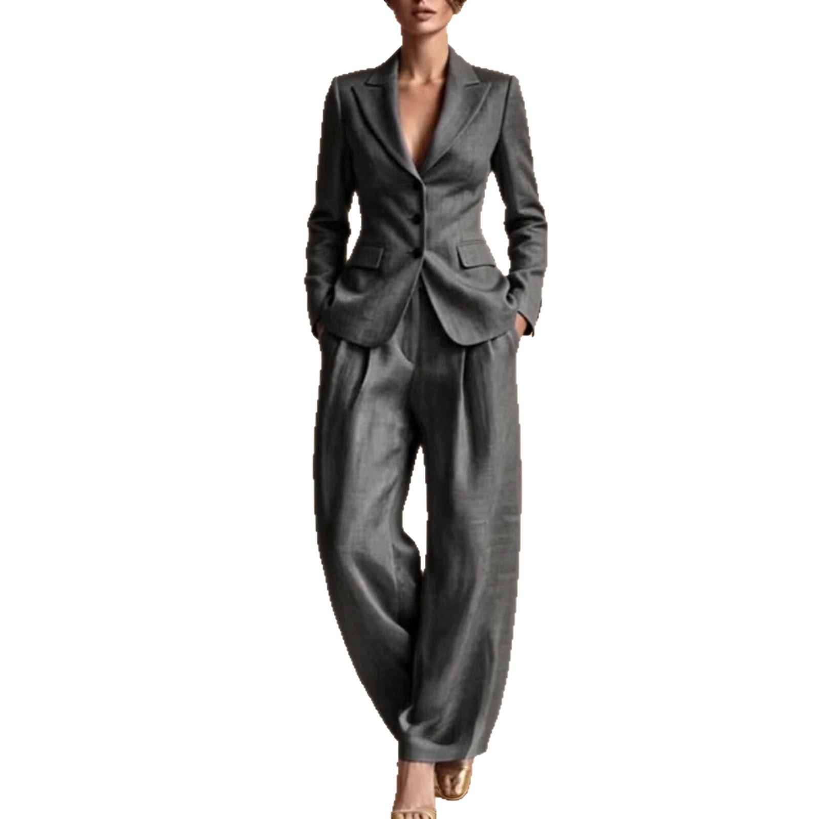 Women's Solid Color Blazer & Straight-Leg Pants Suit Set