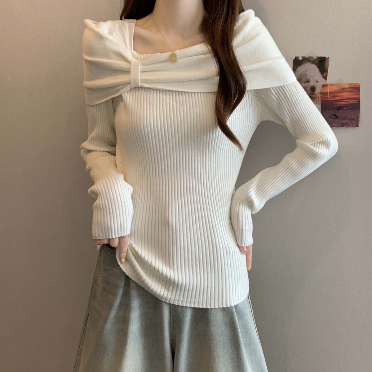Off-Shoulder Bow Knit Sweater for Women