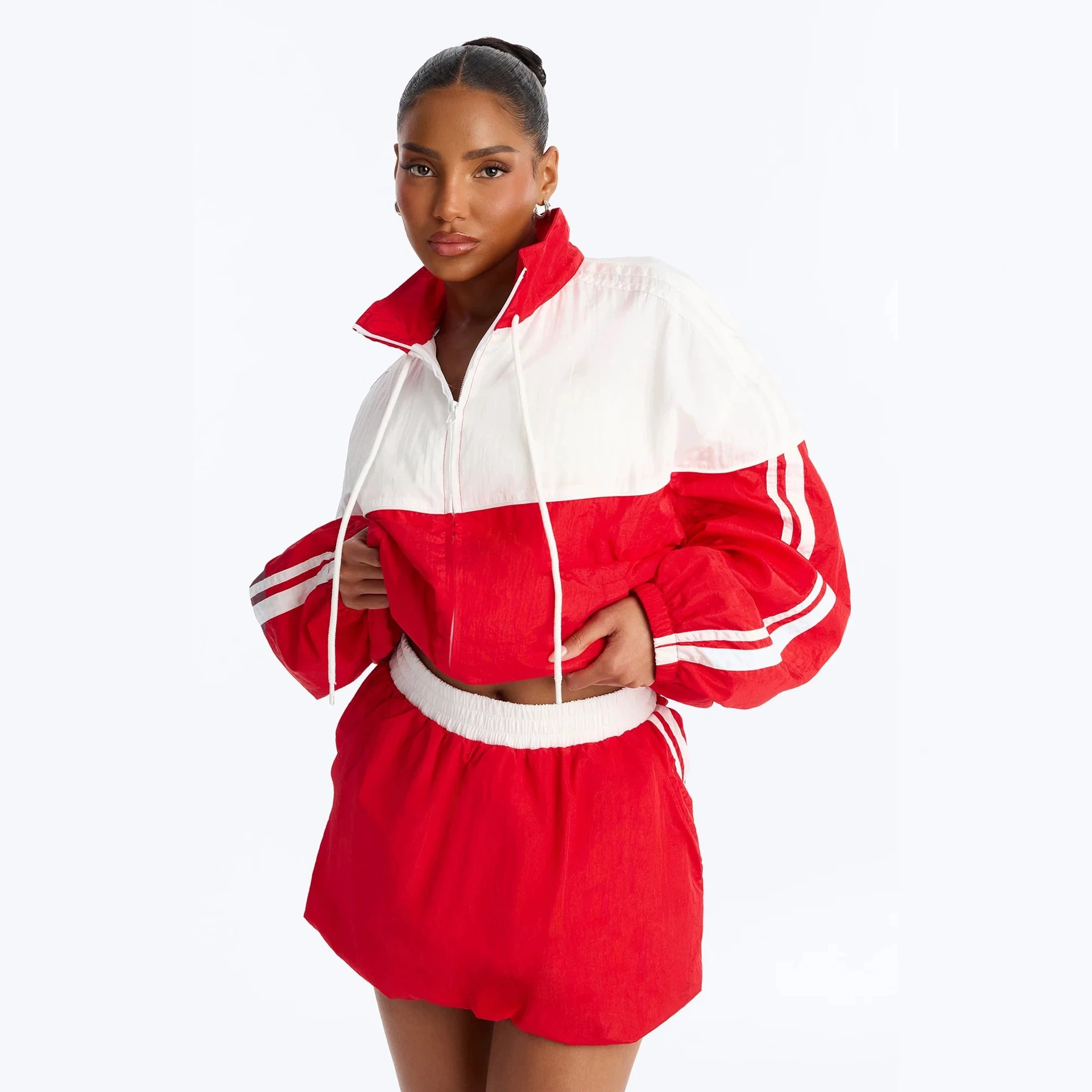 Women's Long Sleeve Zip Cardigan and Puffy Mini Skirt Two-Piece Set