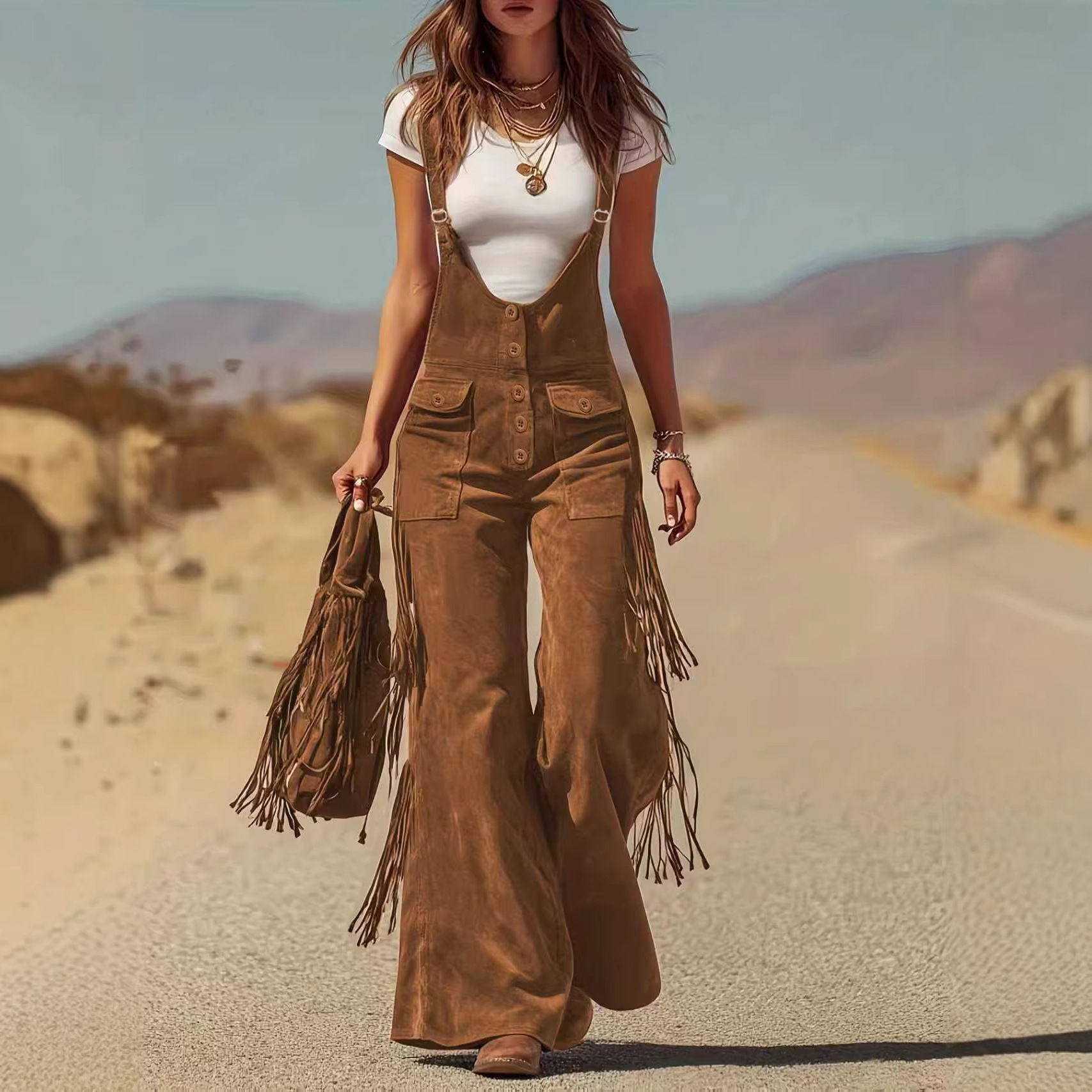 Retro Western Faux Suede Fringe Wide-Leg Overalls