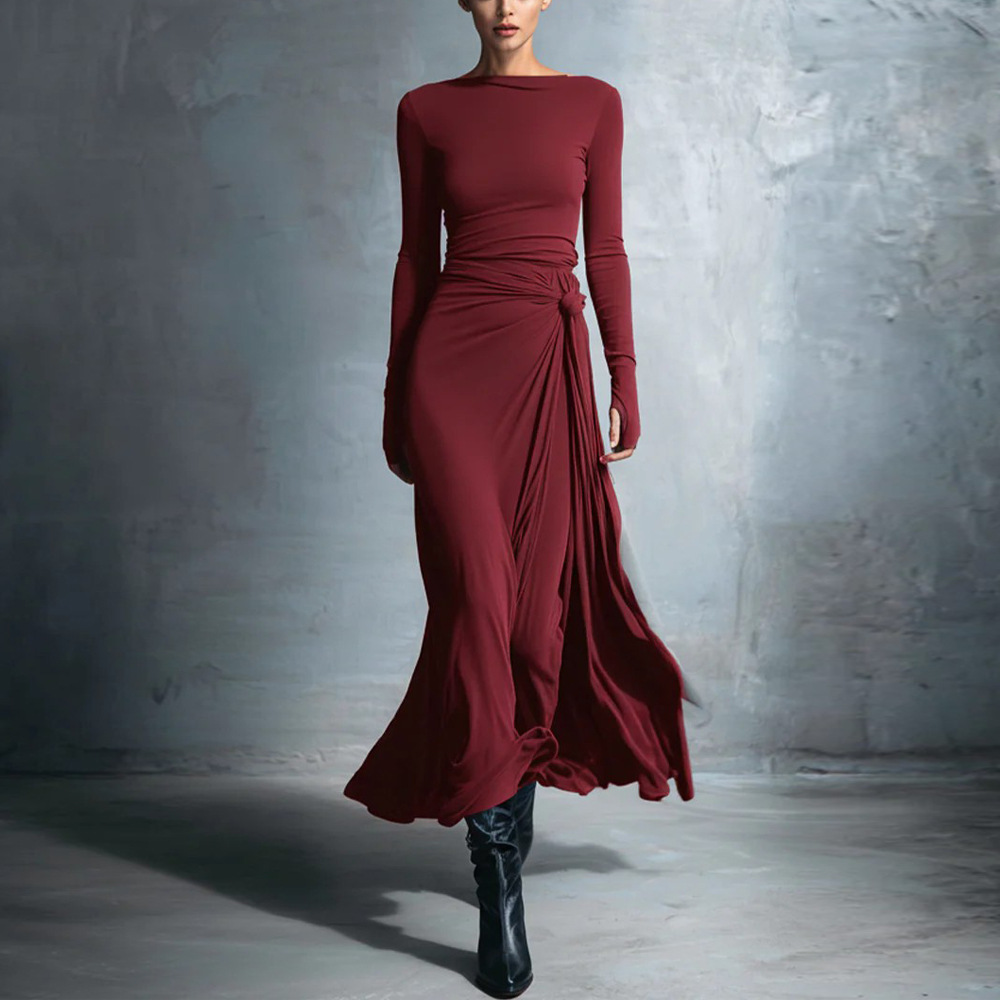 Women's Solid Wrap Long Sleeve Maxi Dress with Knot Detail