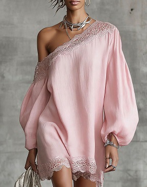 Women's Summer One-Shoulder Lace Trim Short Sleeve Casual Dress