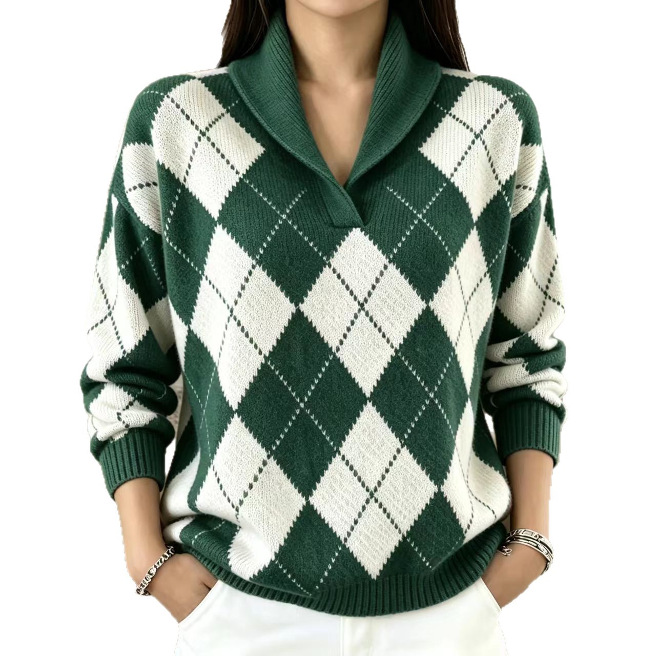 Women's V-Neck Diamond Plaid Pullover Sweater