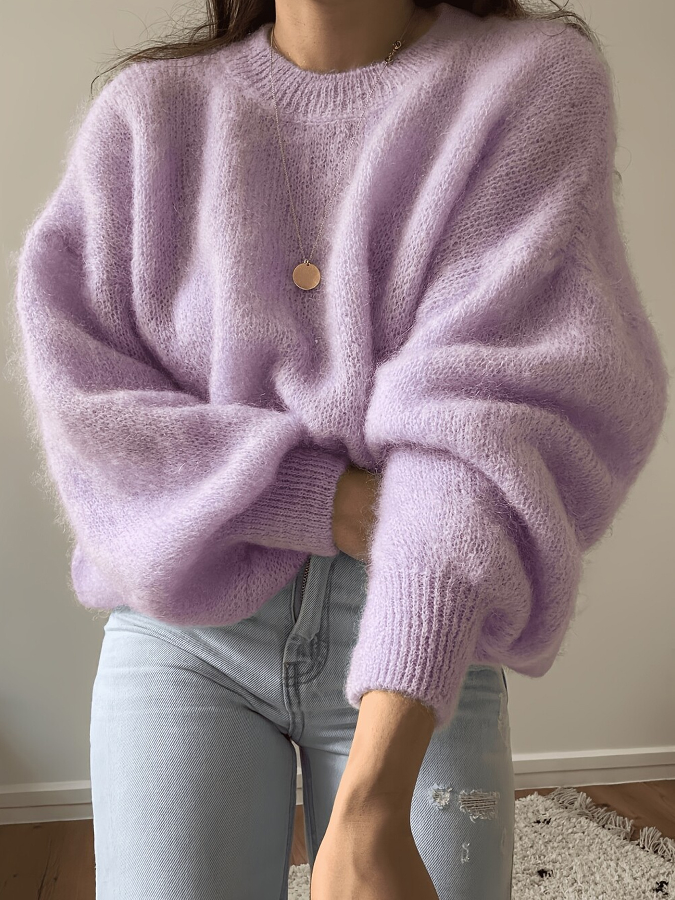 Women's Solid Color Lantern Sleeve Knit Pullover Sweater Loose Fit