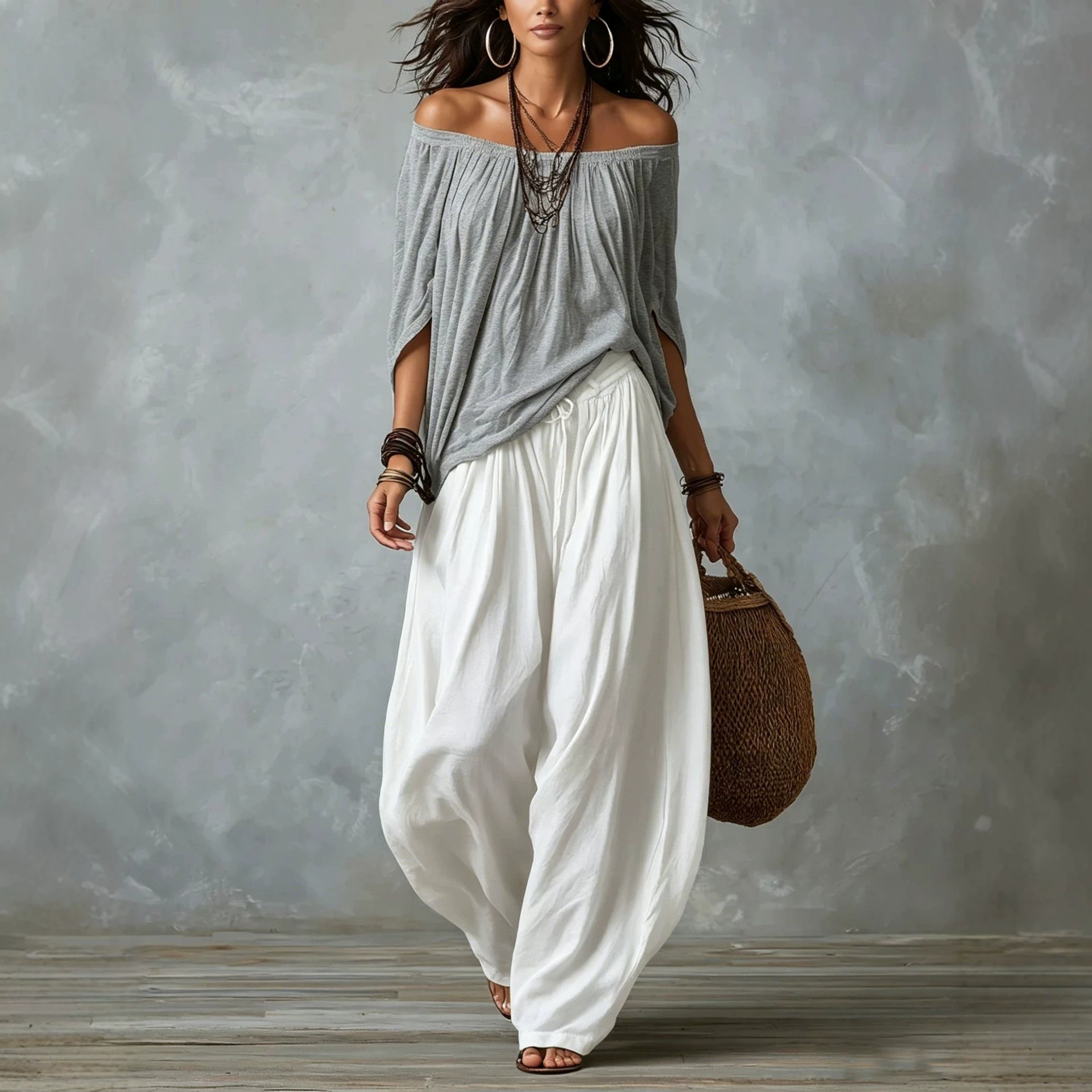 Off-Shoulder Long Wide-Leg Pants Casual Set