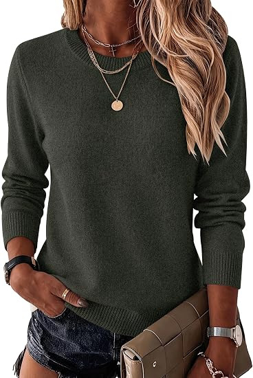 Women's Crewneck Knit Sweater Solid Color Pullover Long Sleeve