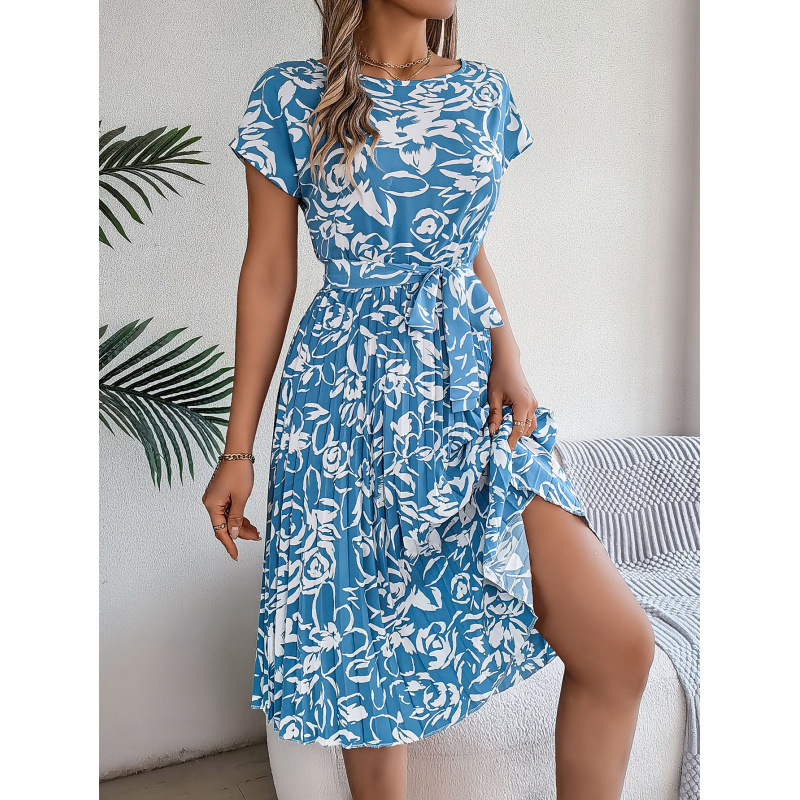 Women's Floral Tie-Waist Pleated Short-Sleeve Dress