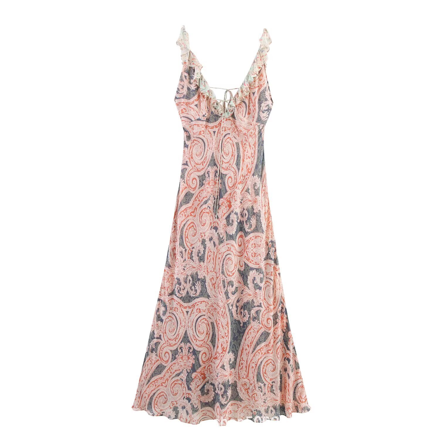 Women's Printed Lingerie-Style Cami Dress with V-Neck and Tie Straps