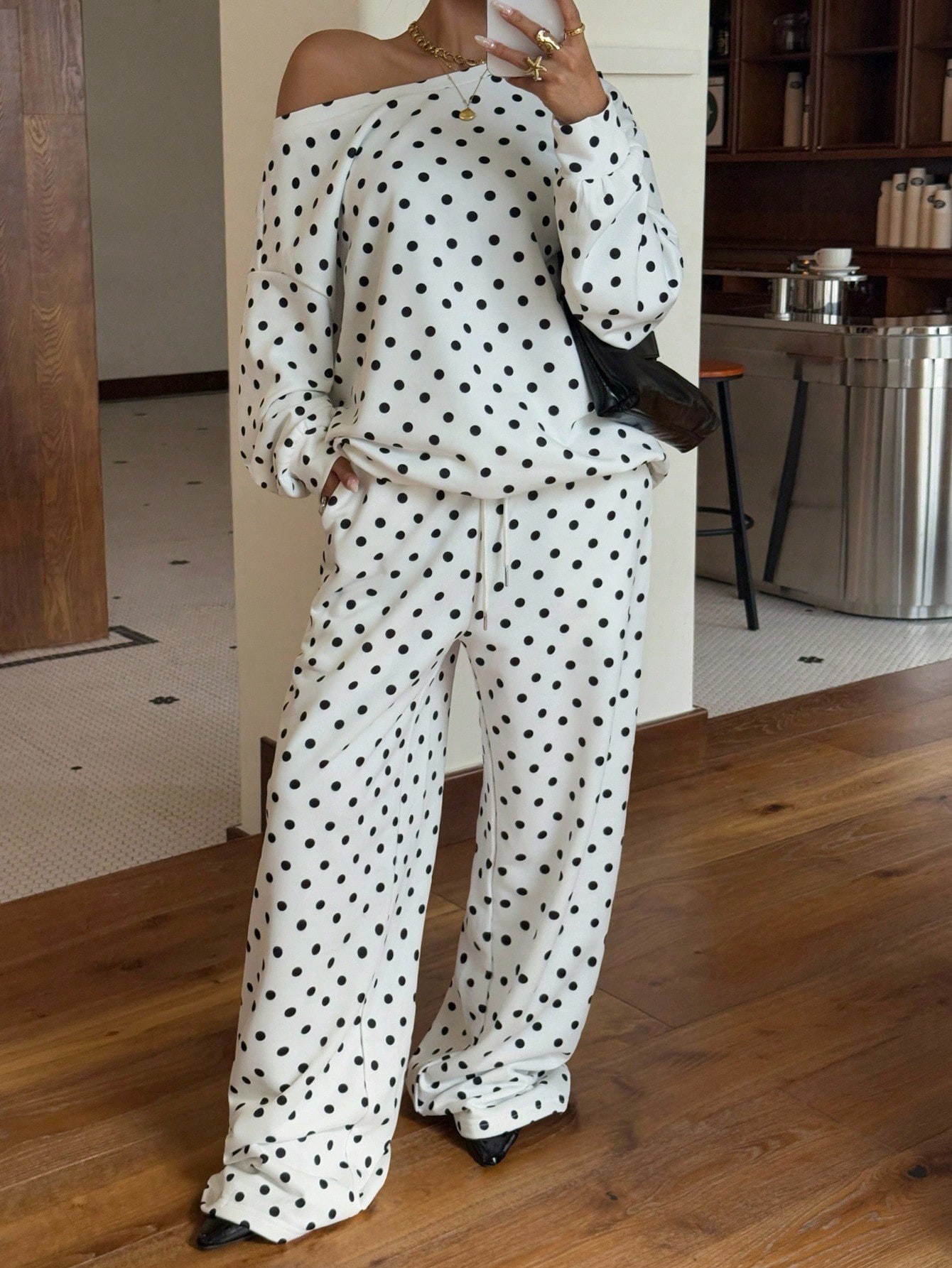Women's Polka Dot Print One-Shoulder Long Sleeve Drawstring Pants Casual Set