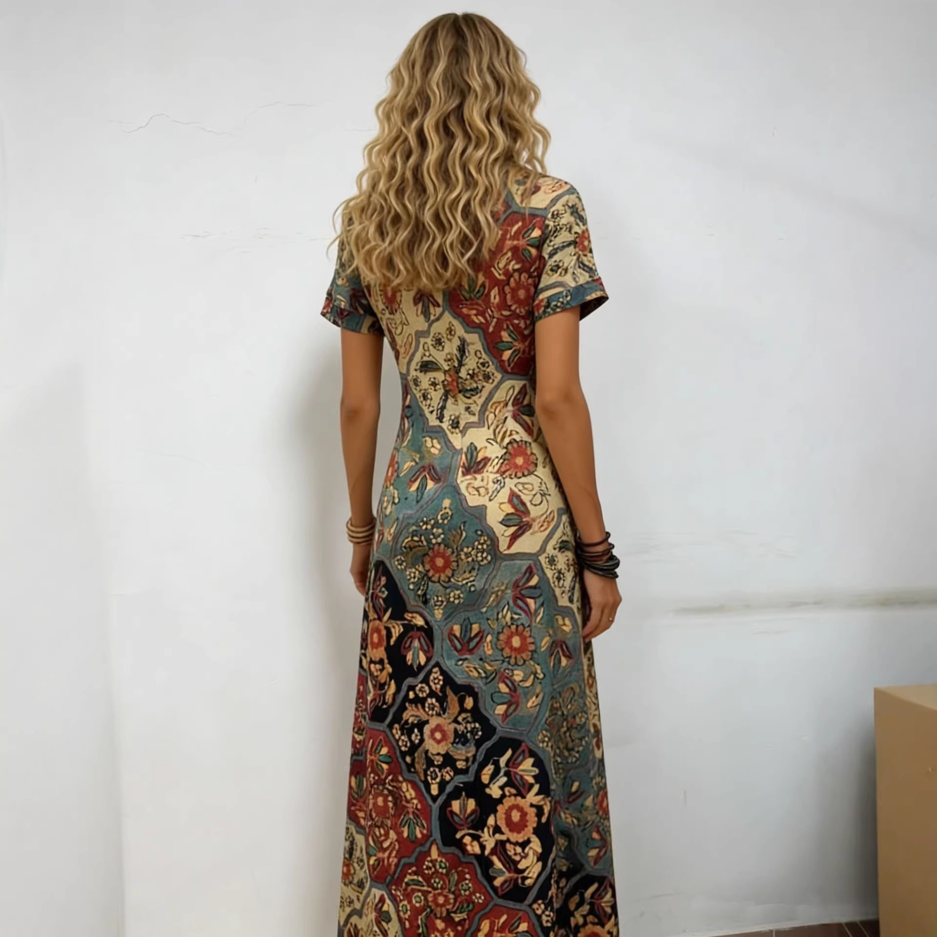 Women's Vintage Floral Print Short Sleeve Midi Dress