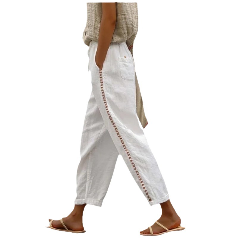 Women's Cropped Pants with Hollow-Out Splicing Casual Straight-Leg High Waist