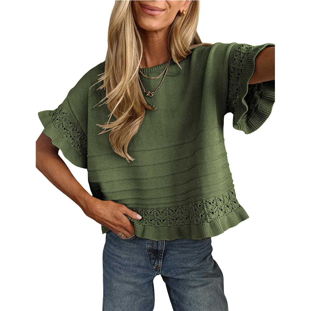 Women's Round Neck Hollow Knit Short Sleeve Ruffle Sweater Loose Top